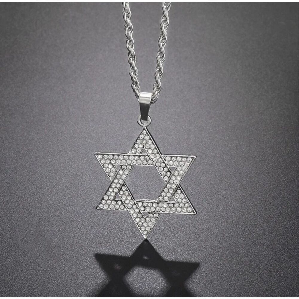 LARGE pendant Jewish Star crystals Magen David Necklace for Men and Women Silver